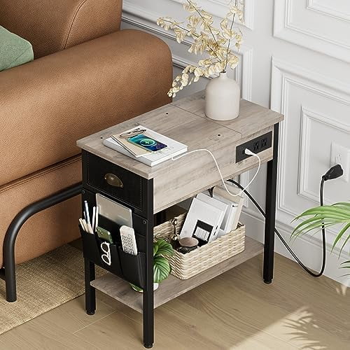 Set of 2 Black Narrow End Tables with Charging Station S969