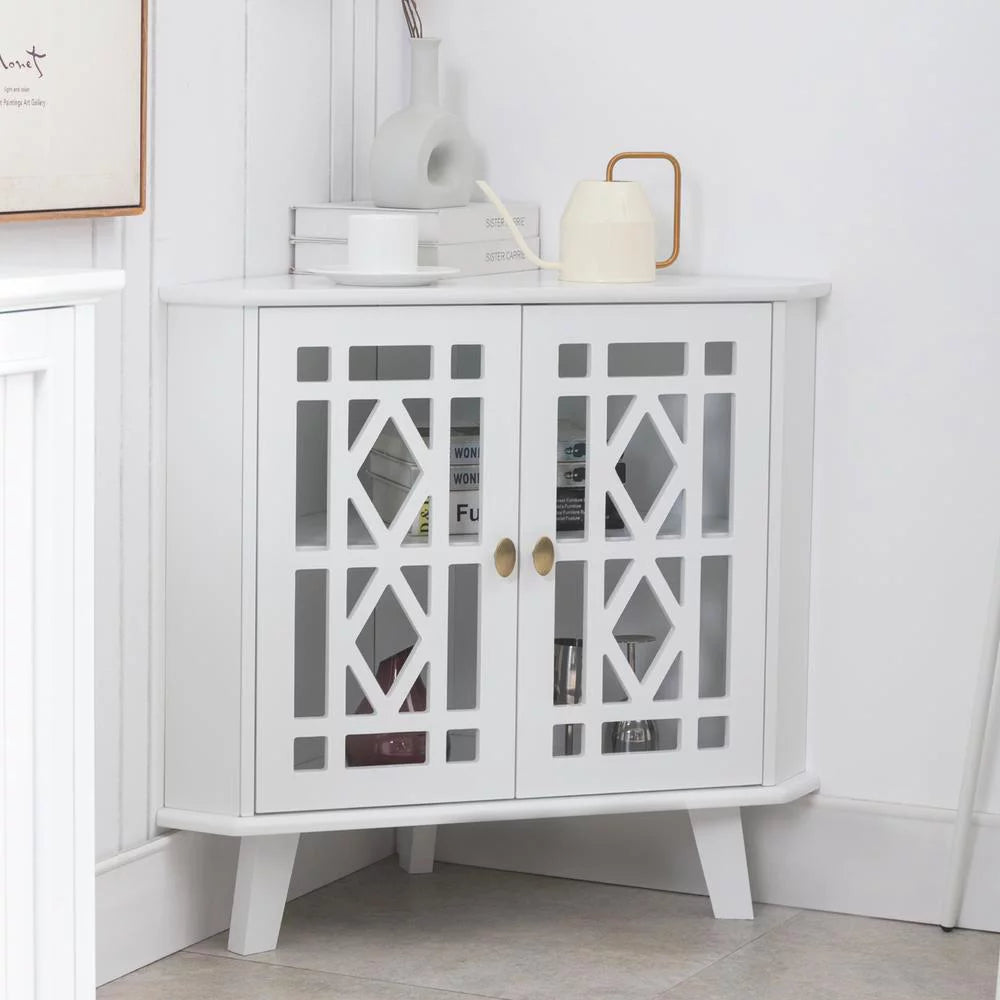 White 32" Corner Storage Cabinet with 2 Doors and 2-Tier Shelves P398351