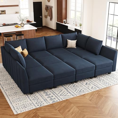 Large Modular Velvet Sectional Sofa with Storage, 9 Seats, Black N668