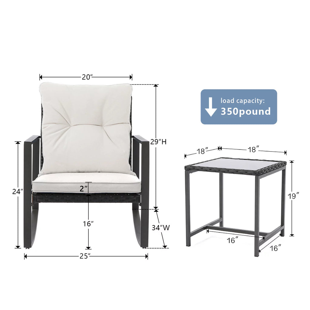 3 Piece Bistro Set Patio Rocking Chairs with Off-White Cushions Q794