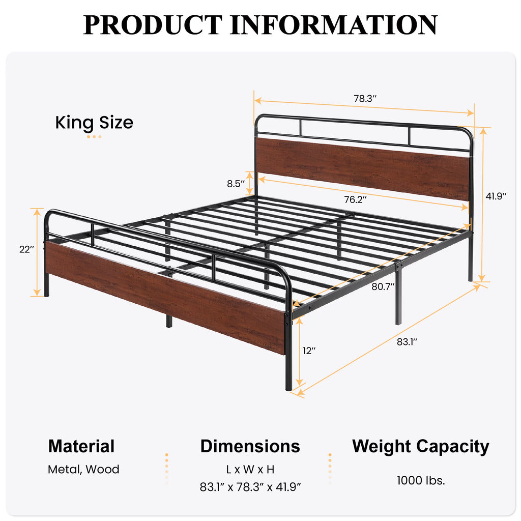 Dark Brown King Size Metal Platform Bed Frame with Wooden Headboard Y549