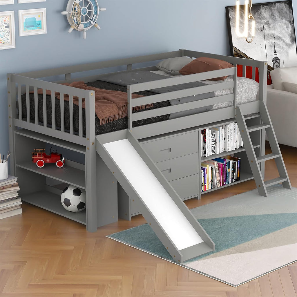 Gray Solid Wood Twin Loft Bed with Slide and Storage D778438