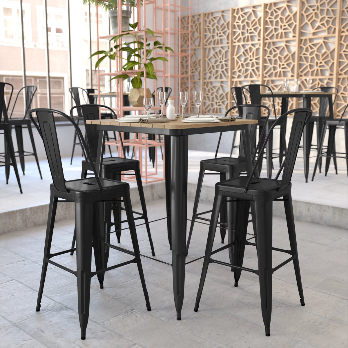 Indoor/Outdoor Bar Top Table with Brown Poly Resin Top and Black Steel Base T2500