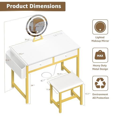 White and Gold Makeup Vanity Desk with Mirror and Lights W50606
