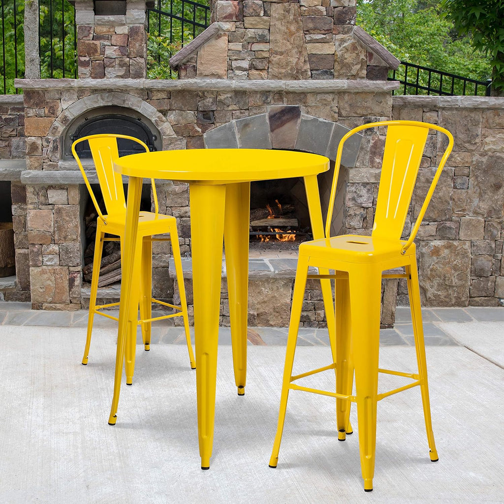 30 Round Silver Metal Indoor-Outdoor Bar Table Set with 2 Cafe Stools N652599