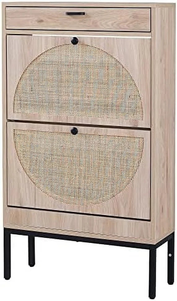 Shoe Cabinet with Flip Drawers and Woven Rattan Doors B87715