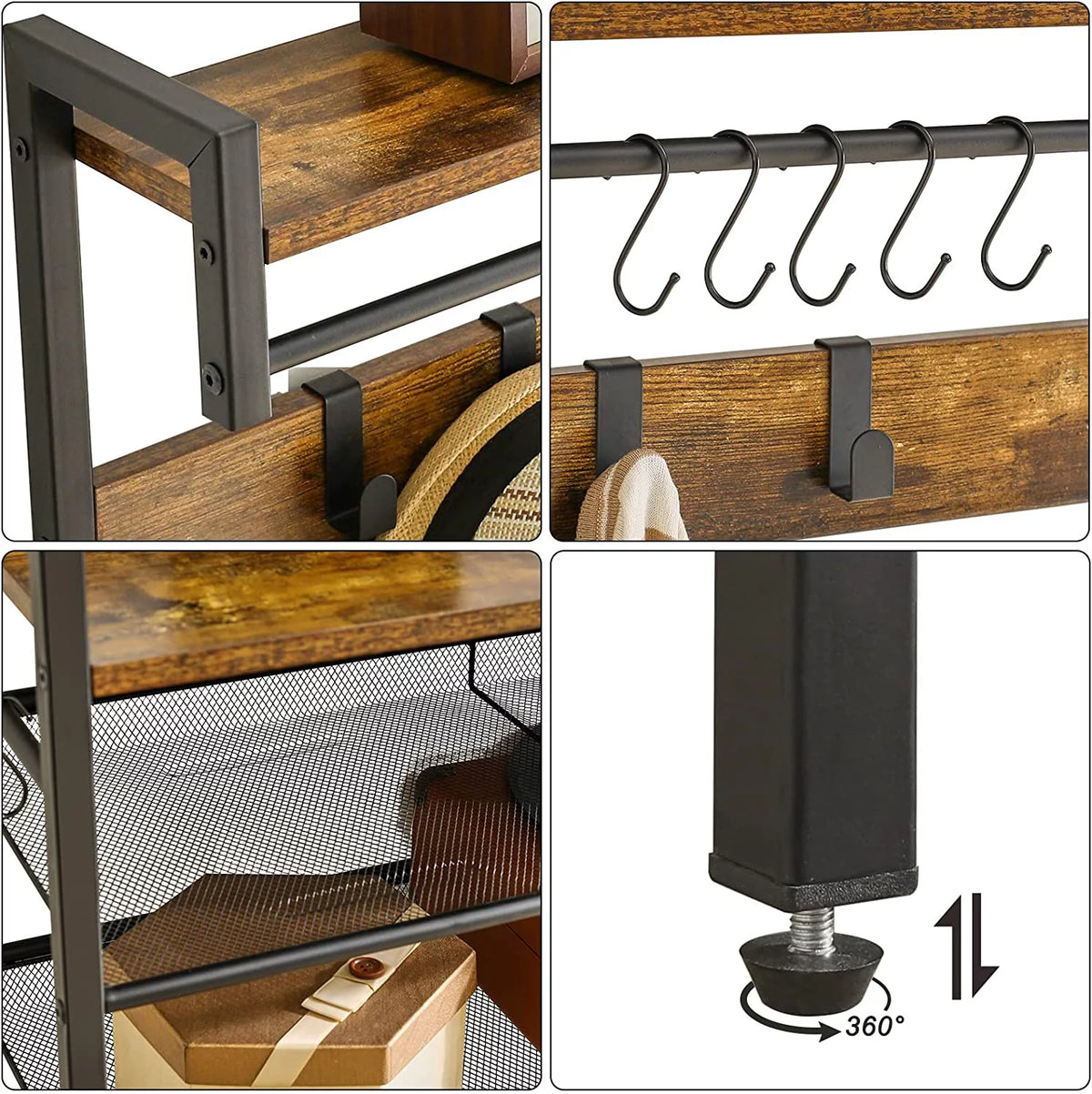 Coat Rack Shoe Rack, 4 in 1 Hall Tree with 5-Tier Storage Shelf and 9 Hooks W808