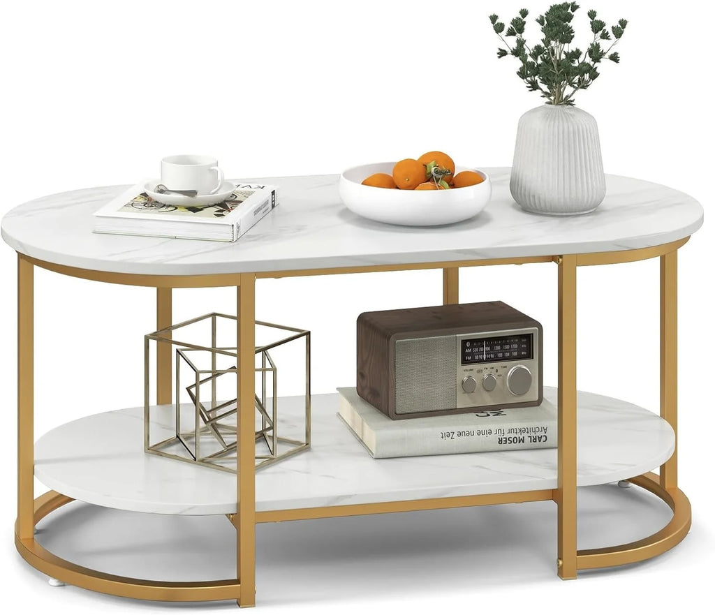 Gold 39” Oval 2 Tiers Faux Marble Top Metal Frame Coffee Table Q4357