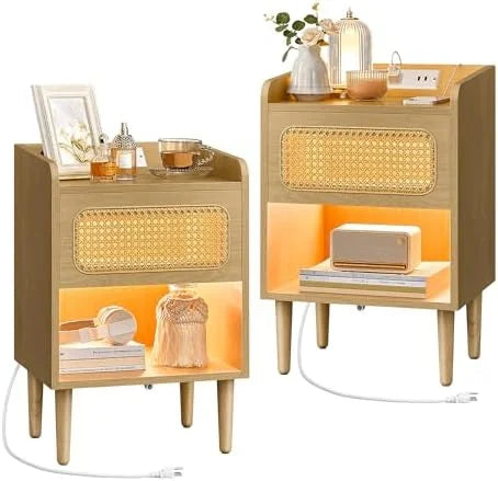 Rattan-Like Side End Tables with Charging Station S886