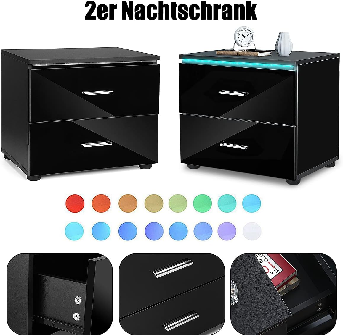 Black 2 Drawer LED Nightstand N755659