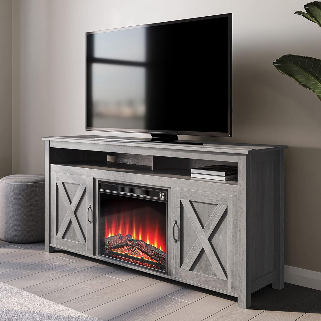 Barn Door Wood TV Stand & Media Console Table with Open Shelves and Cabinets C383839