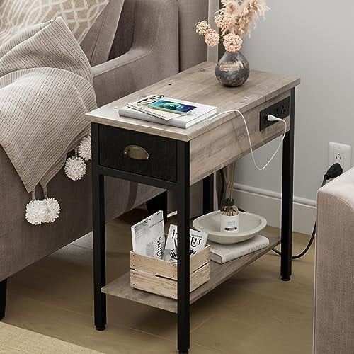 Set of 2 Black Narrow End Tables with Charging Station S969