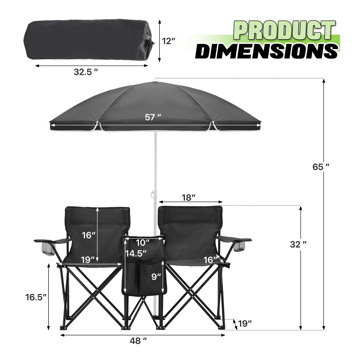 Portable Double Folding Chair with Umbrella, Cooler Bag & Carry Bag, Black G328