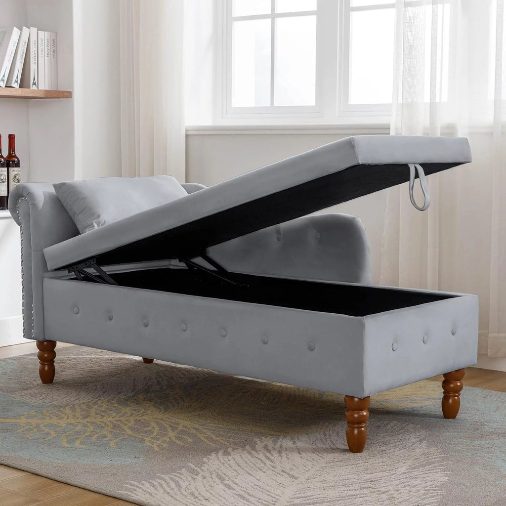 Grey Velvet Chaise Lounge Chair with Storage & Pillow P820139