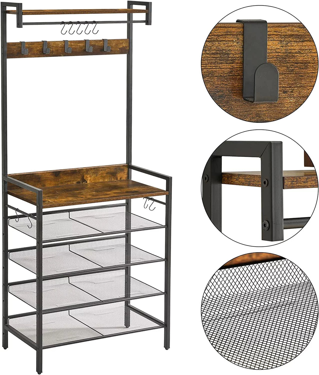 Coat Rack Shoe Rack, 4 in 1 Hall Tree with 5-Tier Storage Shelf and 9 Hooks W808