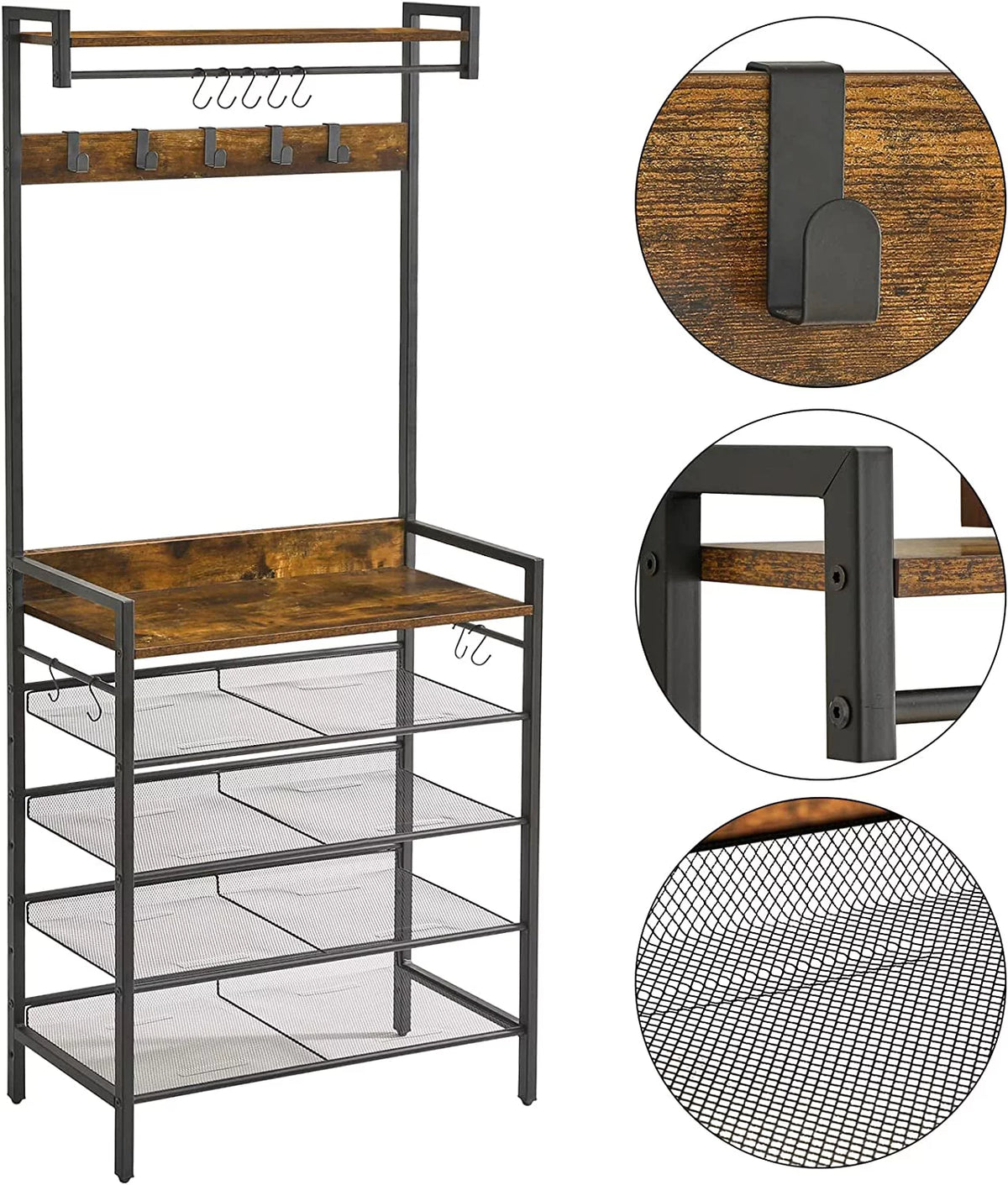 Coat Rack Shoe Rack, 4 in 1 Hall Tree with 5-Tier Storage Shelf and 9 Hooks W808