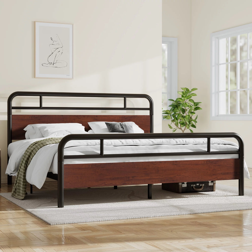 Dark Brown King Size Metal Platform Bed Frame with Wooden Headboard Y549