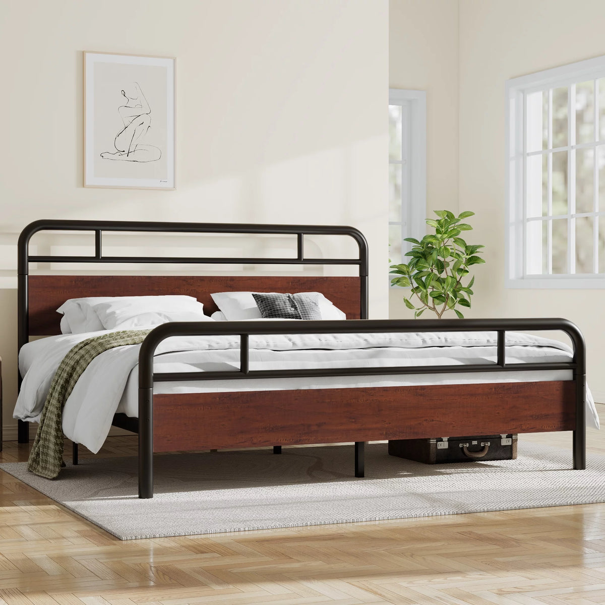 Dark Brown King Size Metal Platform Bed Frame with Wooden Headboard Y549