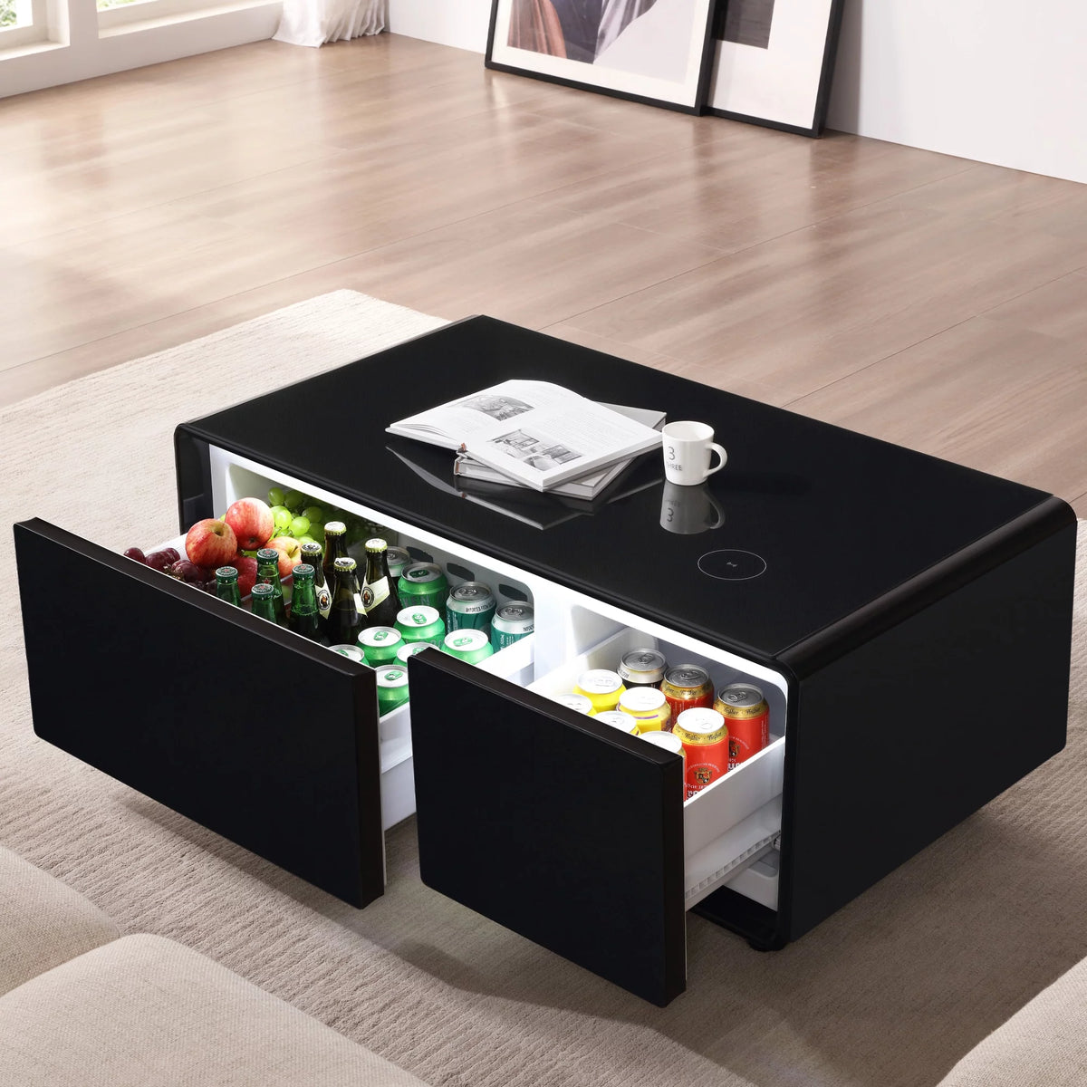 41.5" Smart Coffee Table with Fridge Drawers, Wireless Charging, USB Ports and Outlet, Black X32461