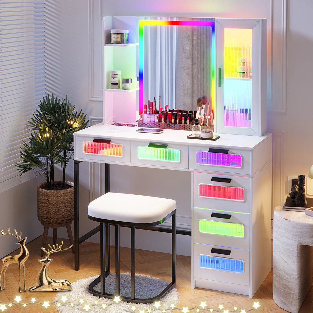 White Vanity with Lights and 6 Drawers Z57953