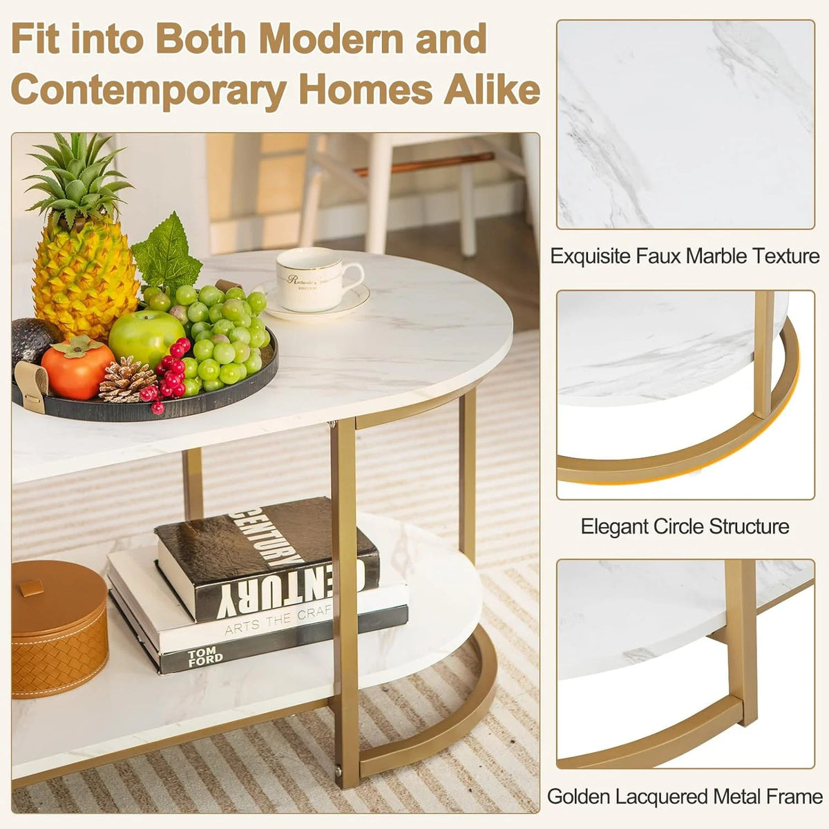 Gold 39” Oval 2 Tiers Faux Marble Top Metal Frame Coffee Table Q4357