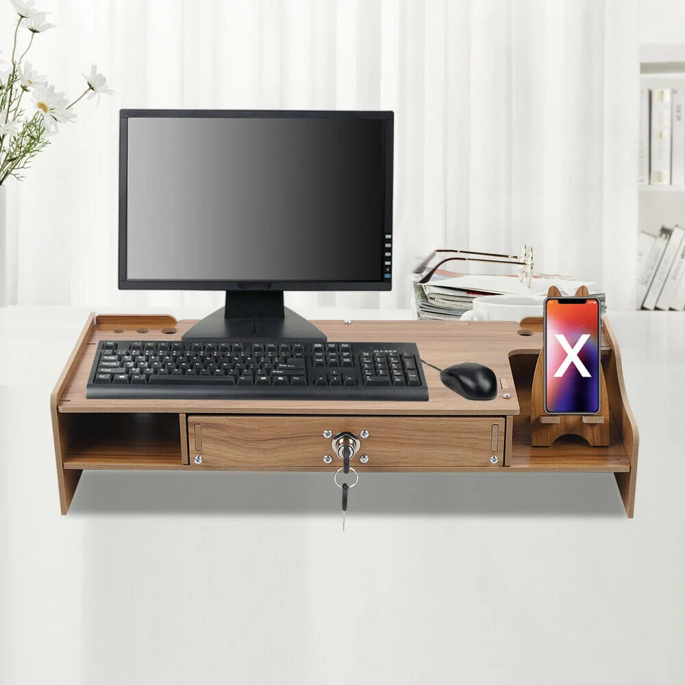 Cherry Wood Color Computer Monitor Riser Stand with Drawer A3318
