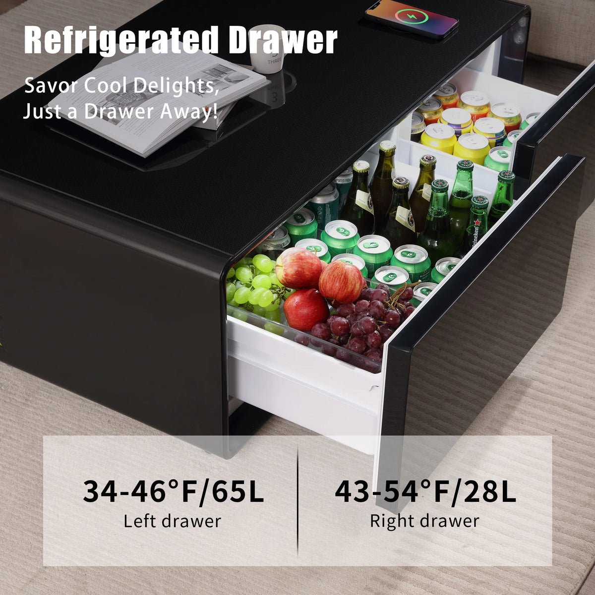 41.5" Smart Coffee Table with Fridge Drawers, Wireless Charging, USB Ports and Outlet, Black X32461