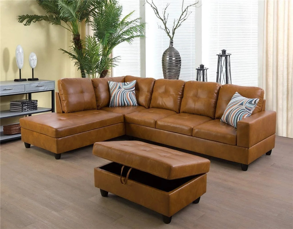 Faux Leather 3 Piece L-Shaped Sectional Sofa with Storage Ottoman and Pillows C786
