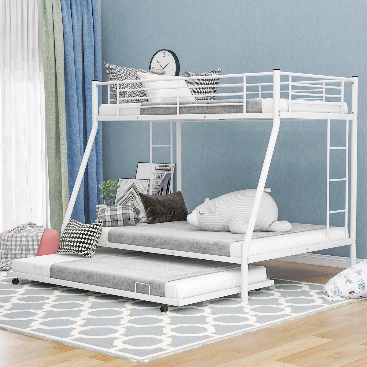 Twin Over Twin Metal Bunk Bed with Trundle and Stairs F581038