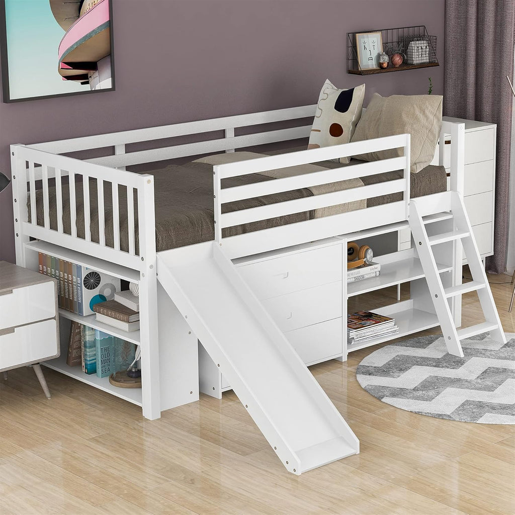 Gray Solid Wood Twin Loft Bed with Slide and Storage D778438