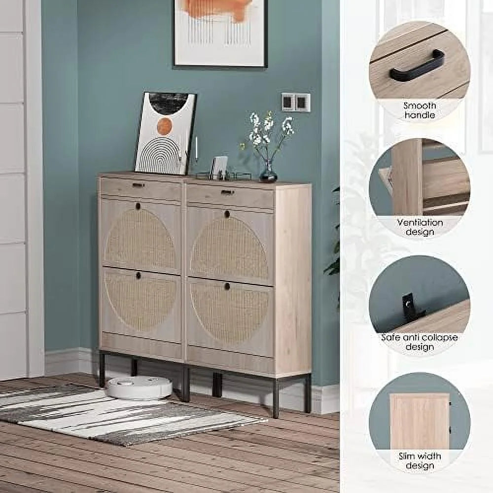 Shoe Cabinet with Flip Drawers and Woven Rattan Doors B87715