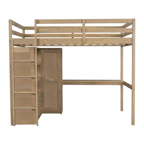 White Full Size Wood Loft Bed with Desk and Wardrobe F8178
