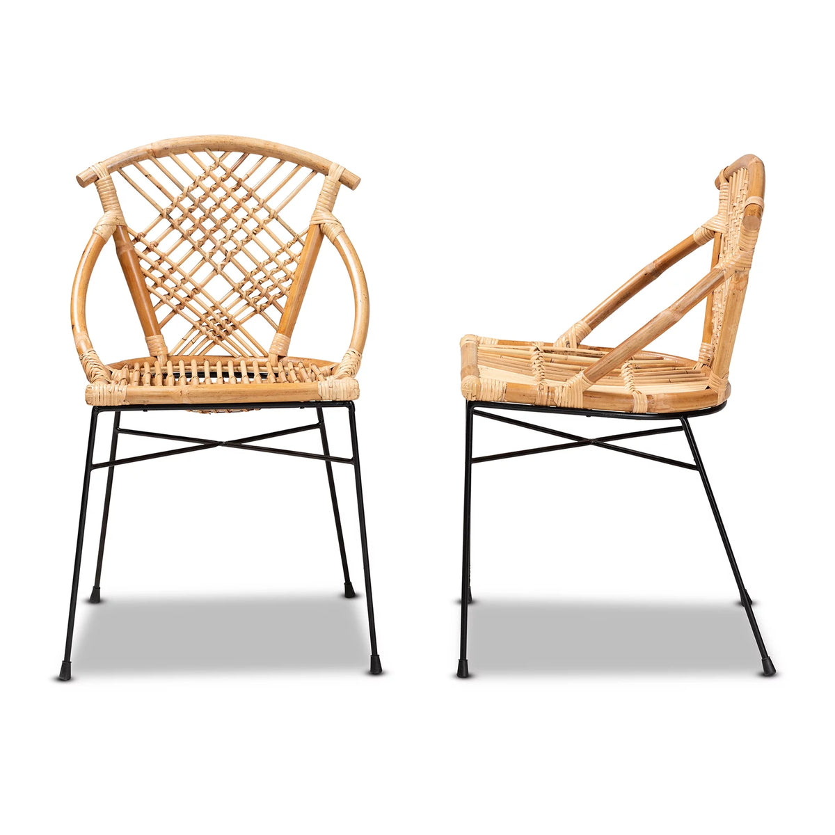 Natural Brown Rattan and Black Metal 2-Piece Dining Chair Set U40364