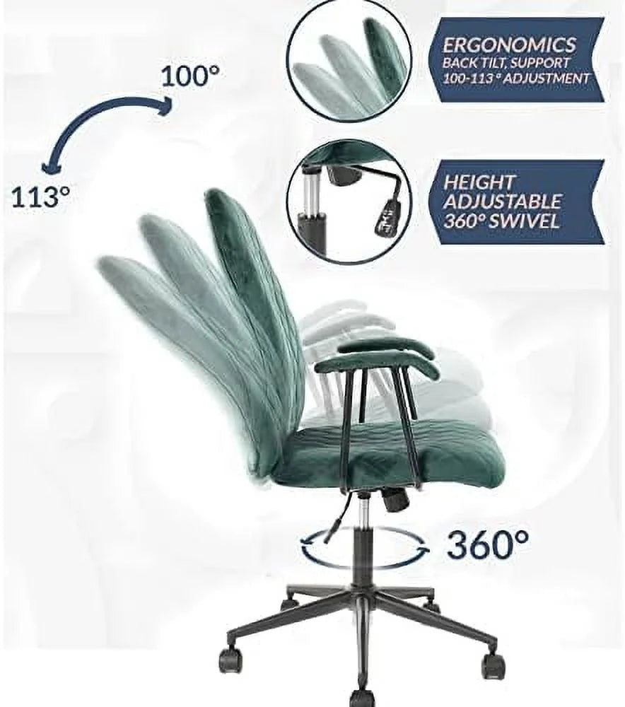 Green Velvet Upholstered Office Desk Chair with Armrest and Wheels O152577