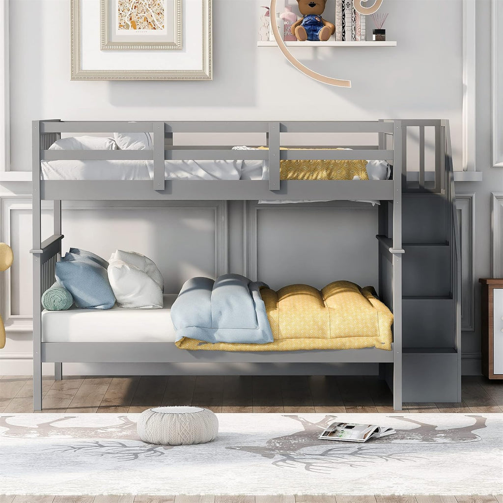 Gray Solid Wood Twin Loft Bed with Slide and Storage D778438