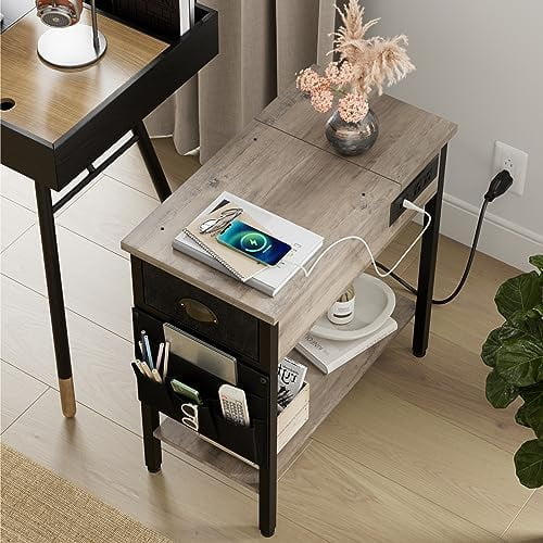 Set of 2 Black Narrow End Tables with Charging Station S969