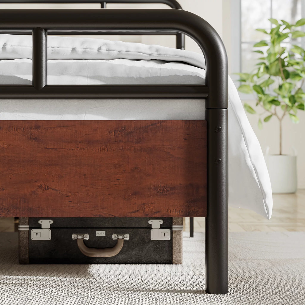 Dark Brown King Size Metal Platform Bed Frame with Wooden Headboard Y549