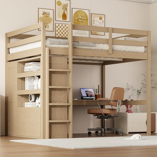 White Full Size Wood Loft Bed with Desk and Wardrobe F8178