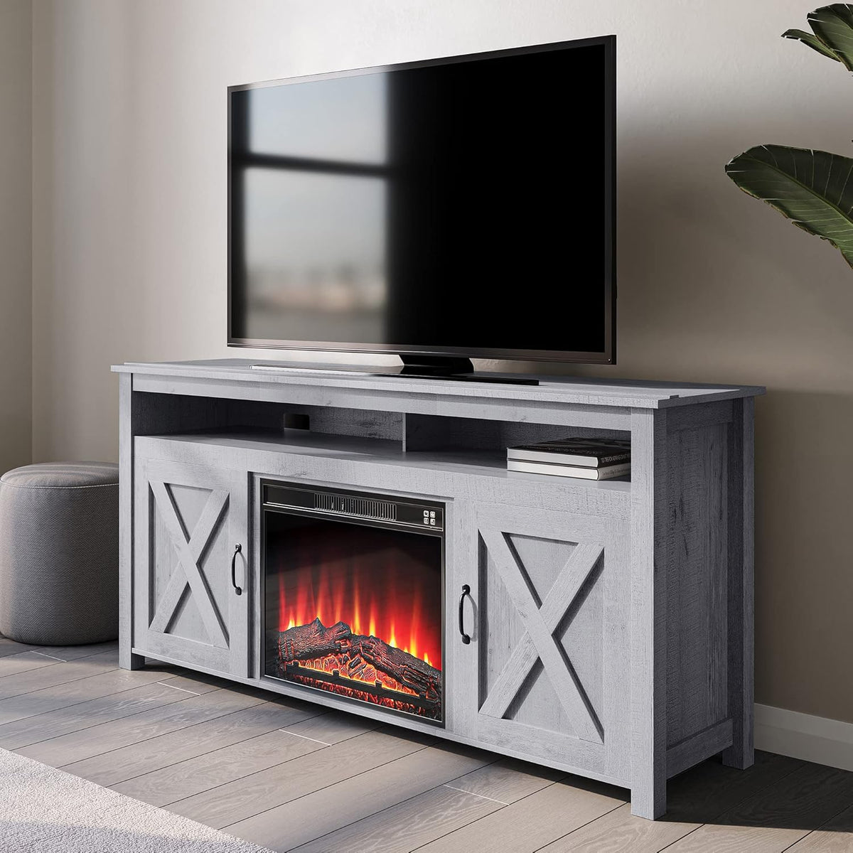 Barn Door Wood TV Stand & Media Console Table with Open Shelves and Cabinets C383839
