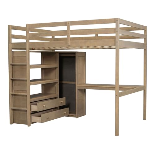 White Full Size Wood Loft Bed with Desk and Wardrobe F8178