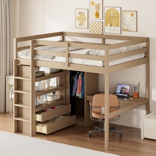 White Full Size Wood Loft Bed with Desk and Wardrobe F8178