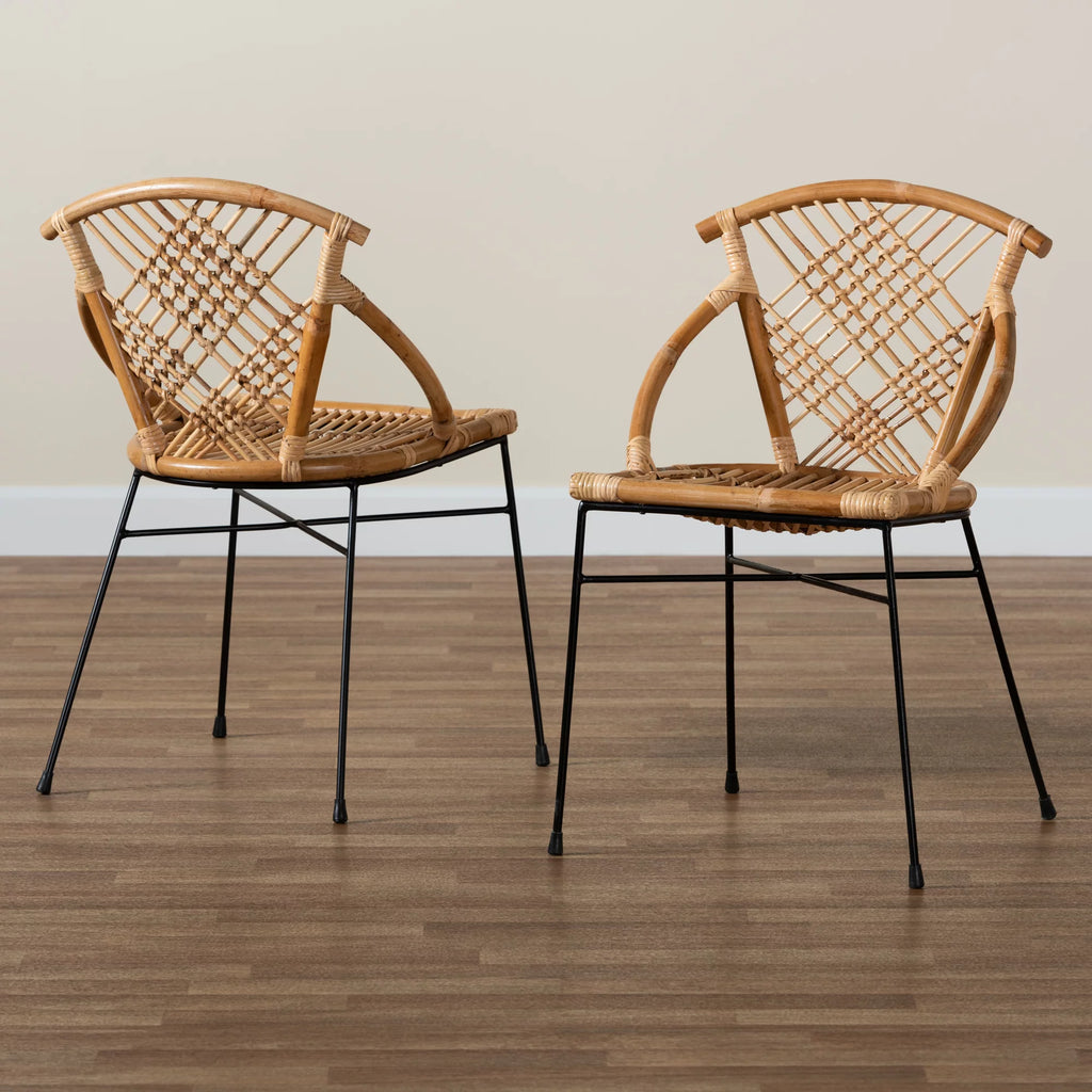 Natural Brown Rattan and Black Metal 2-Piece Dining Chair Set U40364