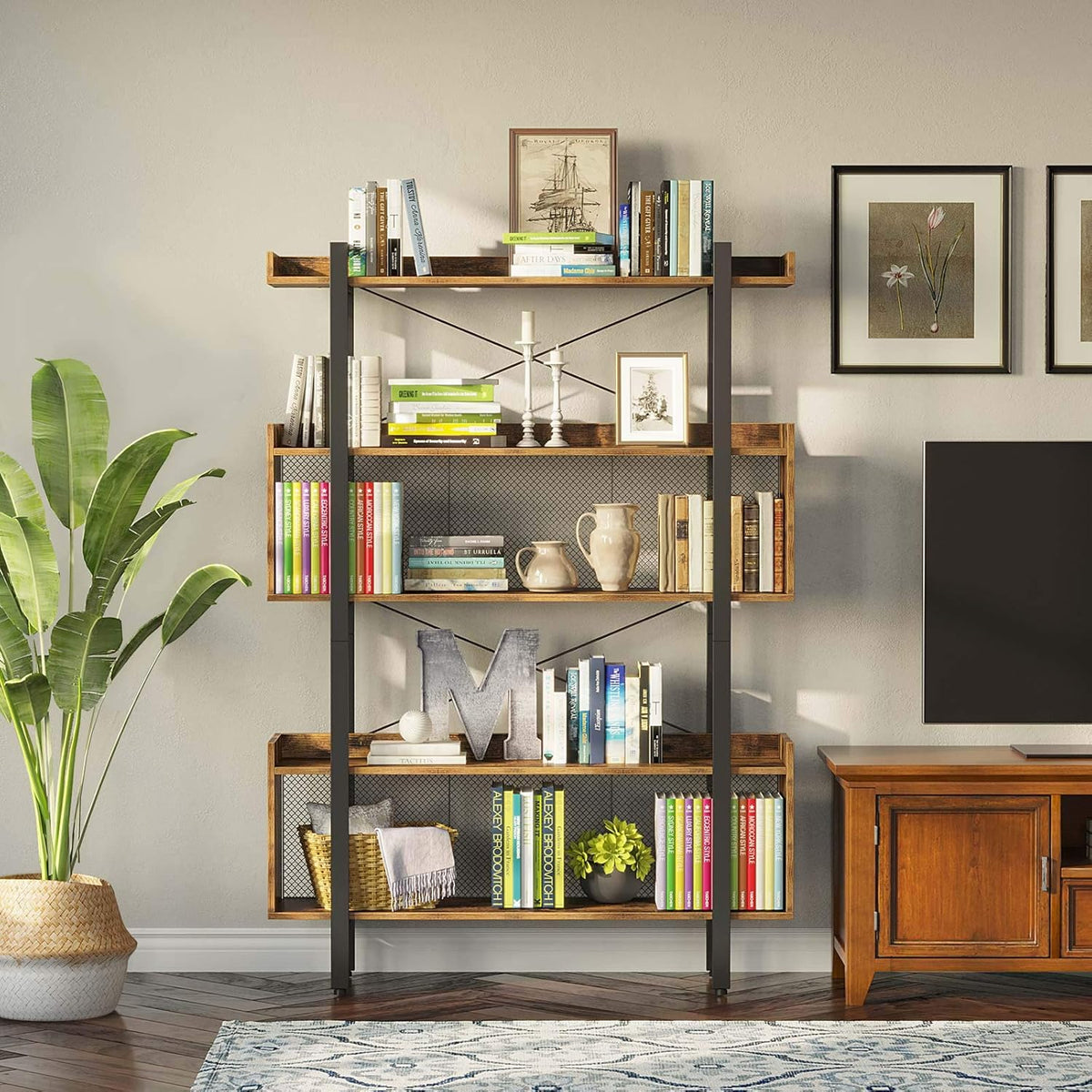 5-Tier Rustic Brown Bookshelf with Metal Frame Q6153