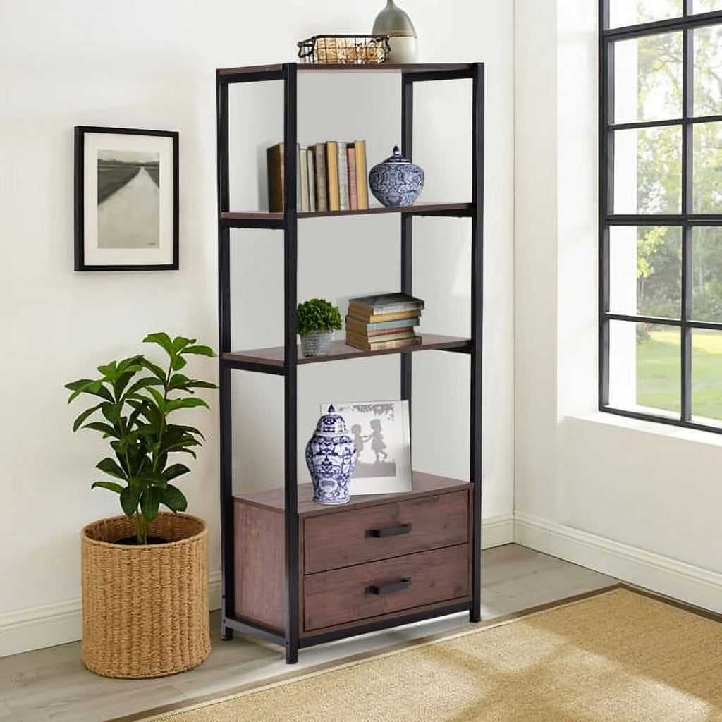 4-Tier Brown Bookshelf with Two Drawers G201
