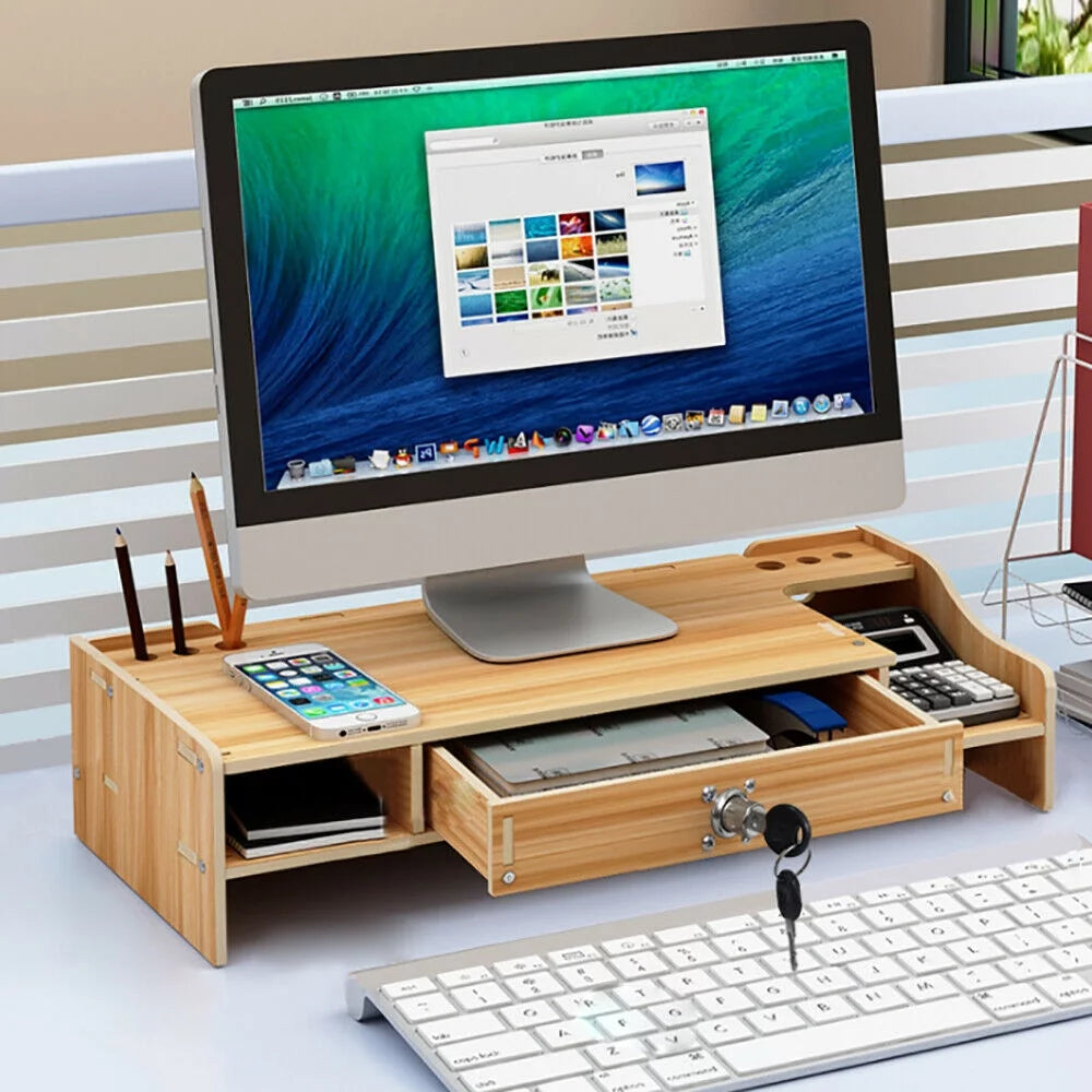 Cherry Wood Color Computer Monitor Riser Stand with Drawer A3318