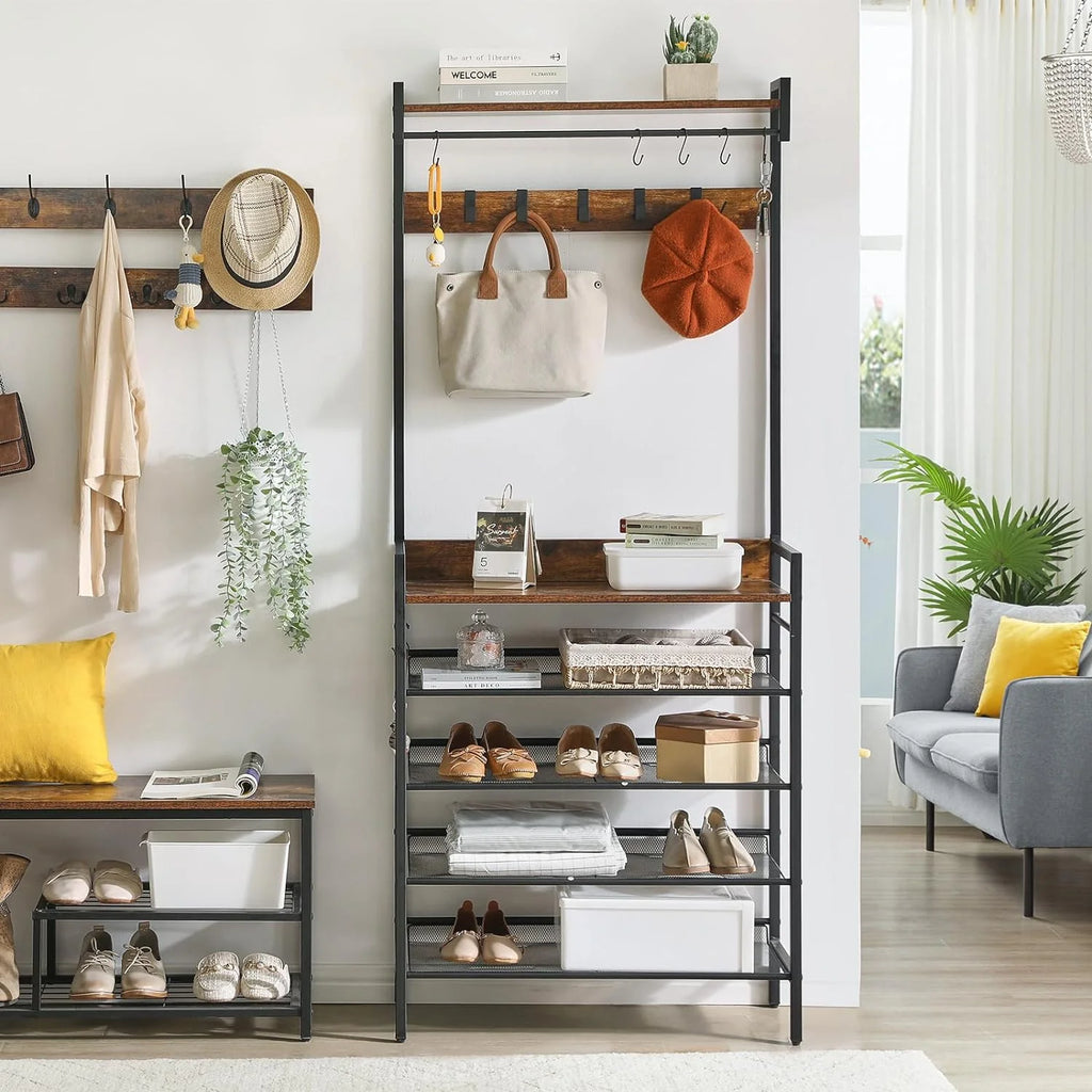 Coat Rack Shoe Rack, 4 in 1 Hall Tree with 5-Tier Storage Shelf and 9 Hooks W808