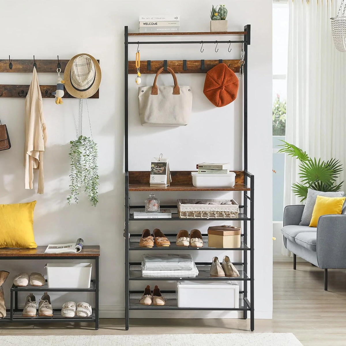 Coat Rack Shoe Rack, 4 in 1 Hall Tree with 5-Tier Storage Shelf and 9 Hooks W808