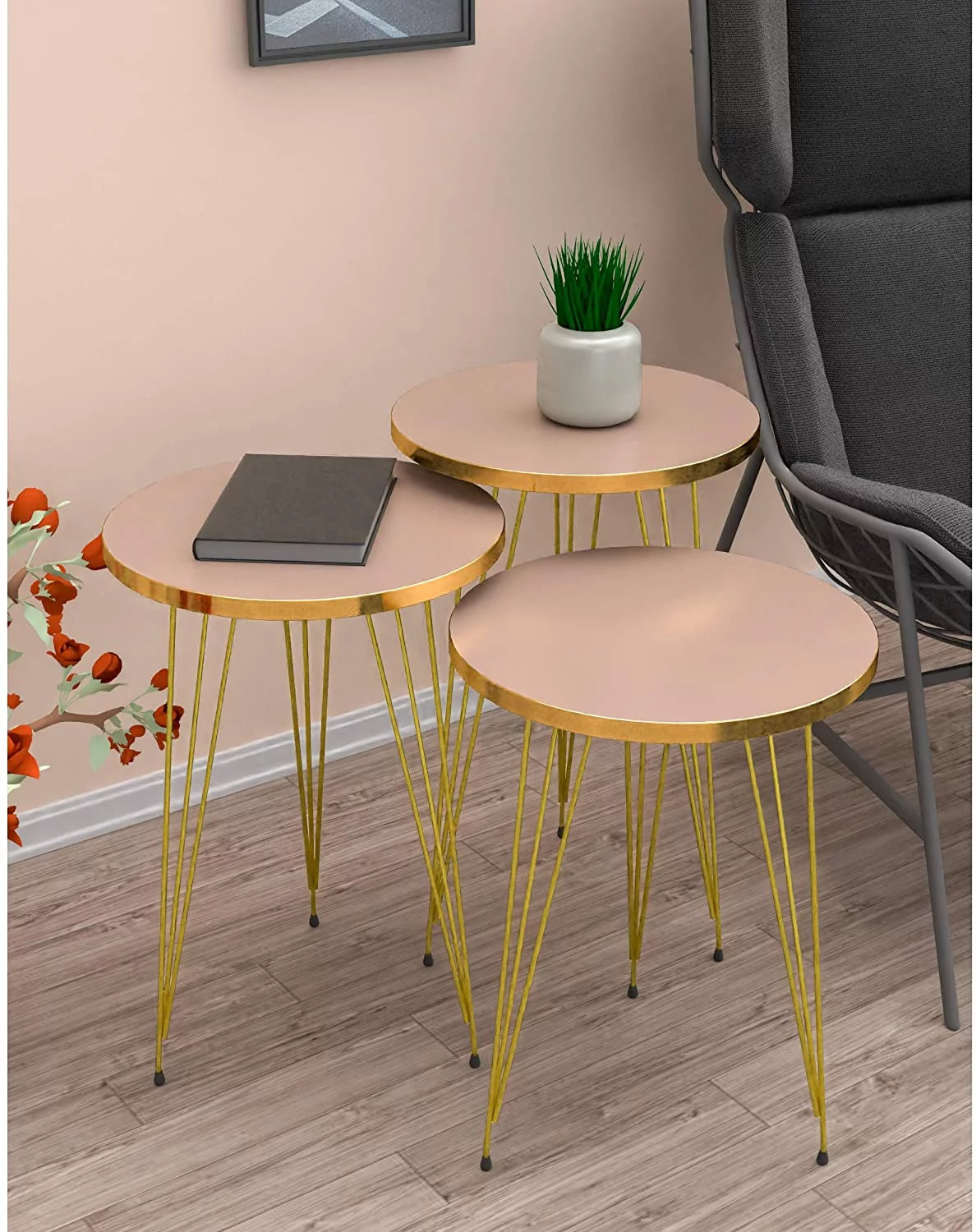 Set of 3 High Gloss Cappuccino Round Nesting Tables with Gold Legs D668