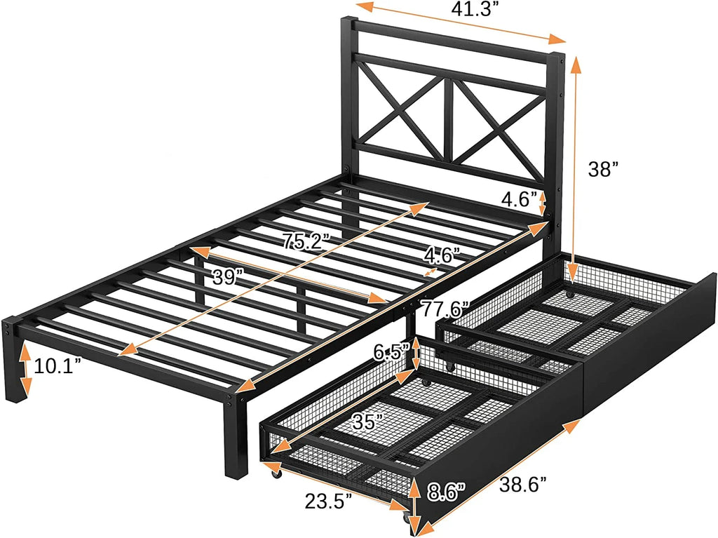Platform Bed with 2 Storage Drawers Metal Headboard Z732