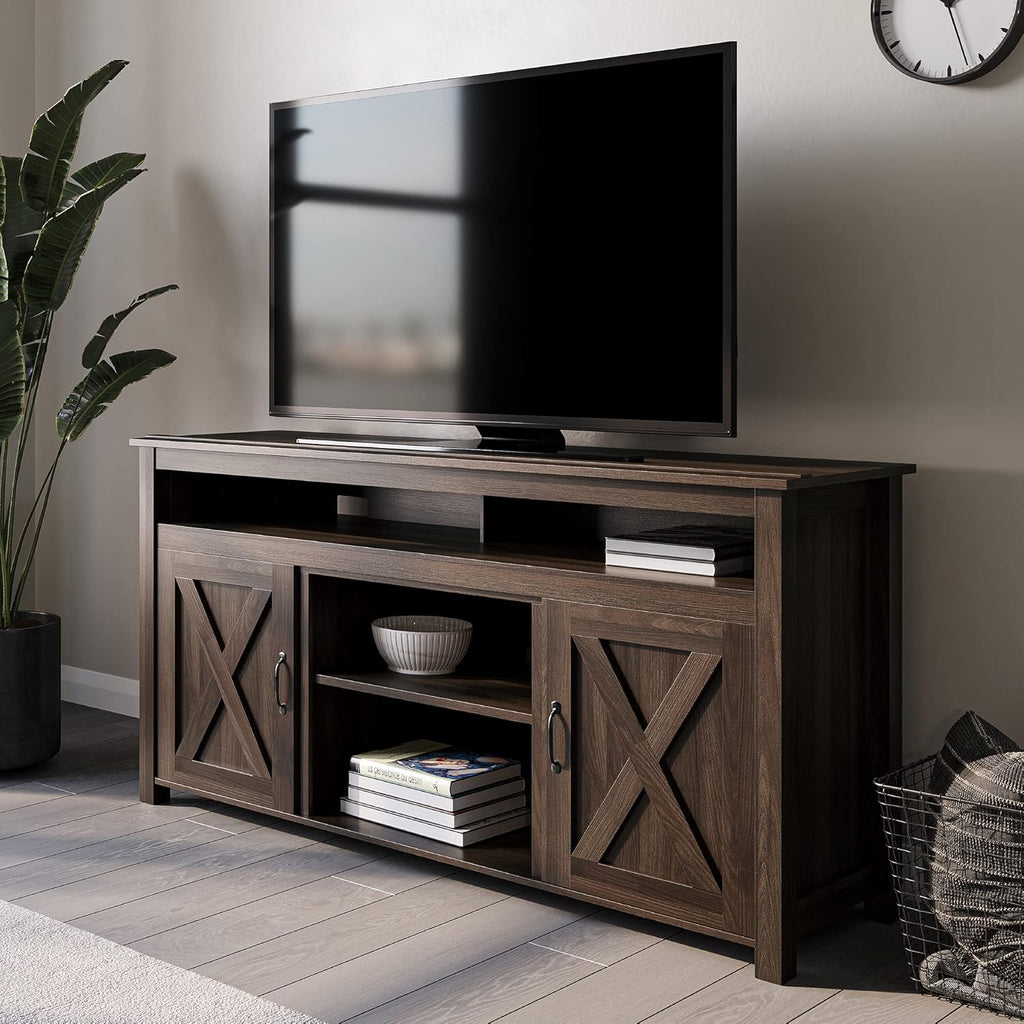 Barn Door Wood TV Stand & Media Console Table with Open Shelves and Cabinets C383839